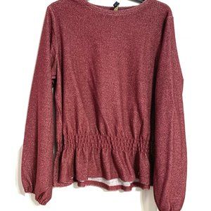 Luna Rae Pink Metallic Knit Balloon Sleeve Peplum Top